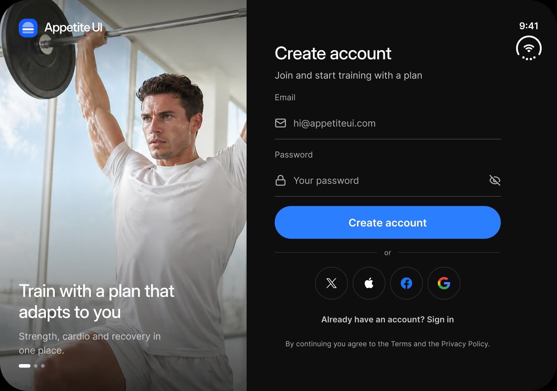 Dark theme. Onboarding on the inner display: a full height photo with the headline Train with a plan that adapts to you on the left, and on the right a Create account form with email and password fields, a Create account button and four social sign in buttons.