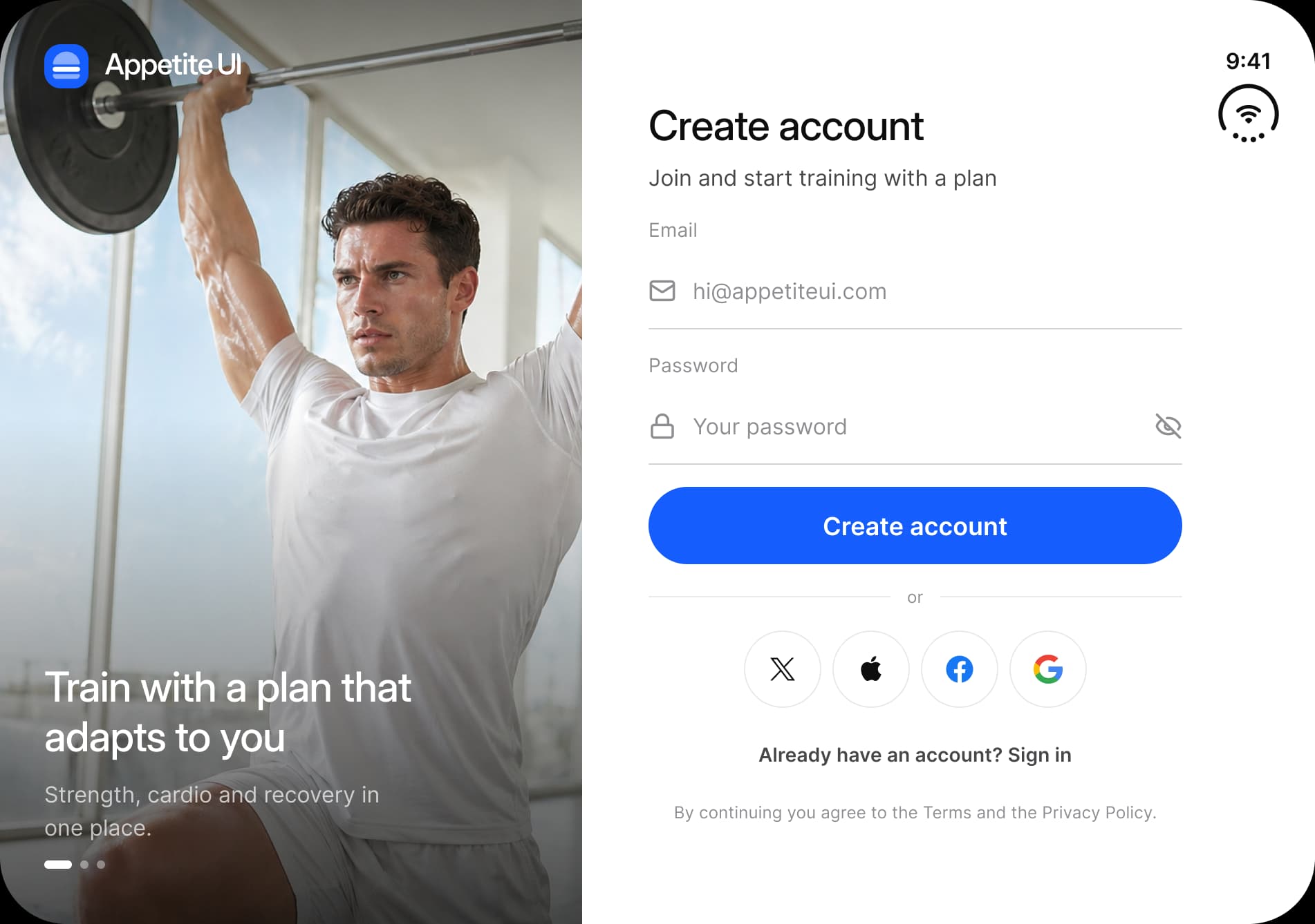 Onboarding on the inner display: a full height photo with the headline Train with a plan that adapts to you on the left, and on the right a Create account form with email and password fields, a Create account button and four social sign in buttons.