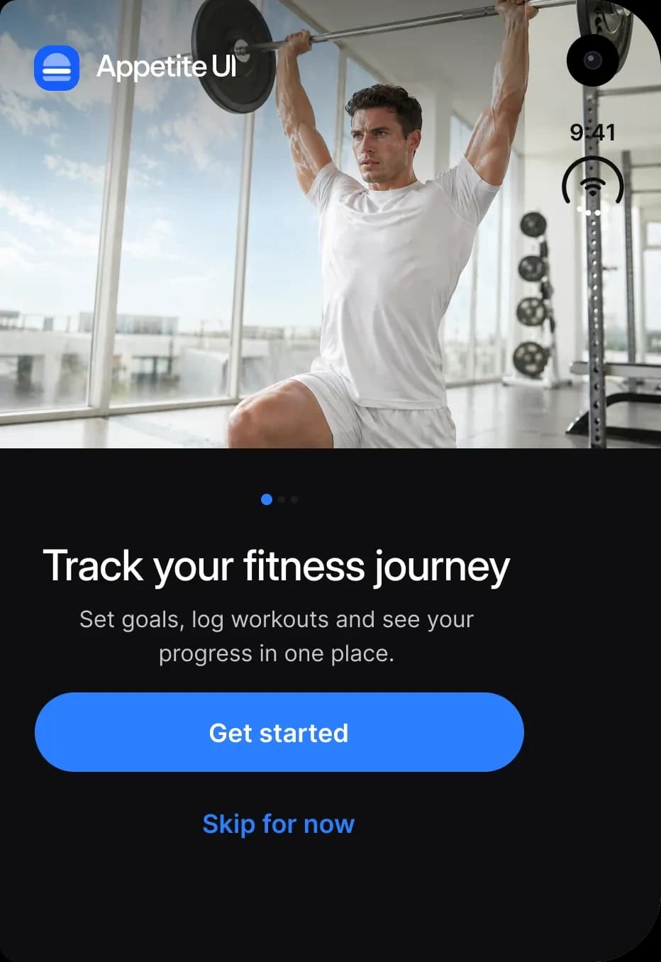 Dark theme. Onboarding welcome on the outer display: a photo of an athlete lifting a barbell under the Appetite UI logo, a page indicator, the headline Track your fitness journey, a Get started button and a Skip for now link, with the status mark at the right edge.