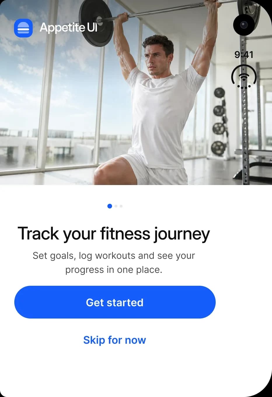 Onboarding welcome on the outer display: a photo of an athlete lifting a barbell under the Appetite UI logo, a page indicator, the headline Track your fitness journey, a Get started button and a Skip for now link, with the status mark at the right edge.