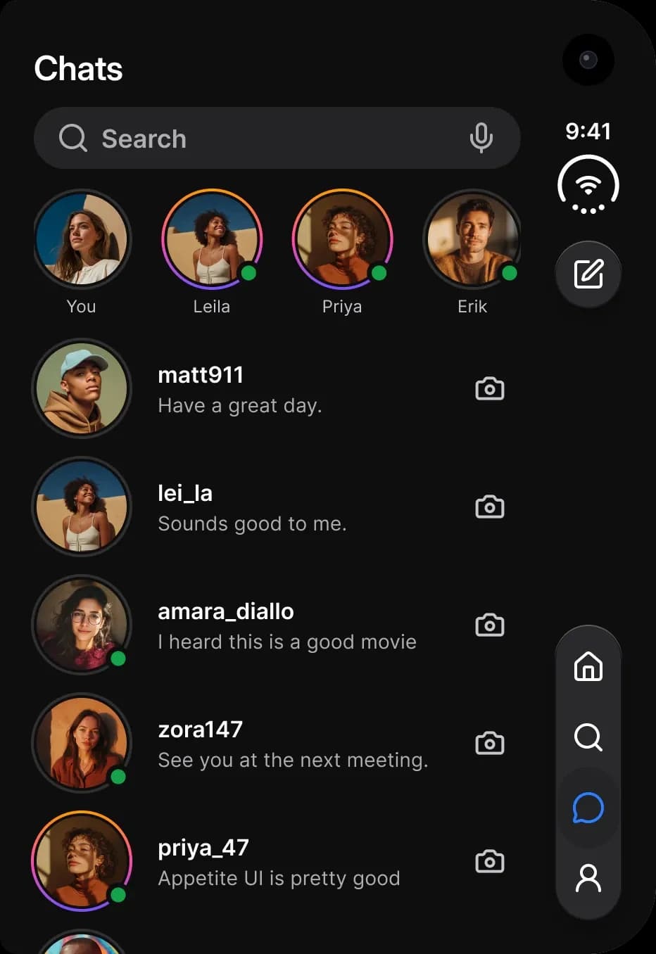 Dark theme. Social on the outer display: a Chats screen with a search field, four story avatars and a list of conversations, with a compose button and a four icon tab bar on the rail.
