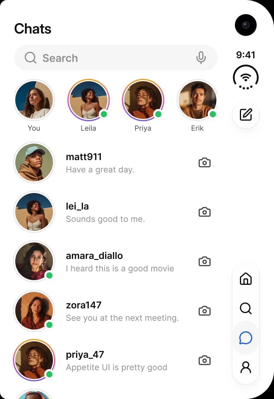 Social on the outer display: a Chats screen with a search field, four story avatars and a list of conversations, with a compose button and a four icon tab bar on the rail.