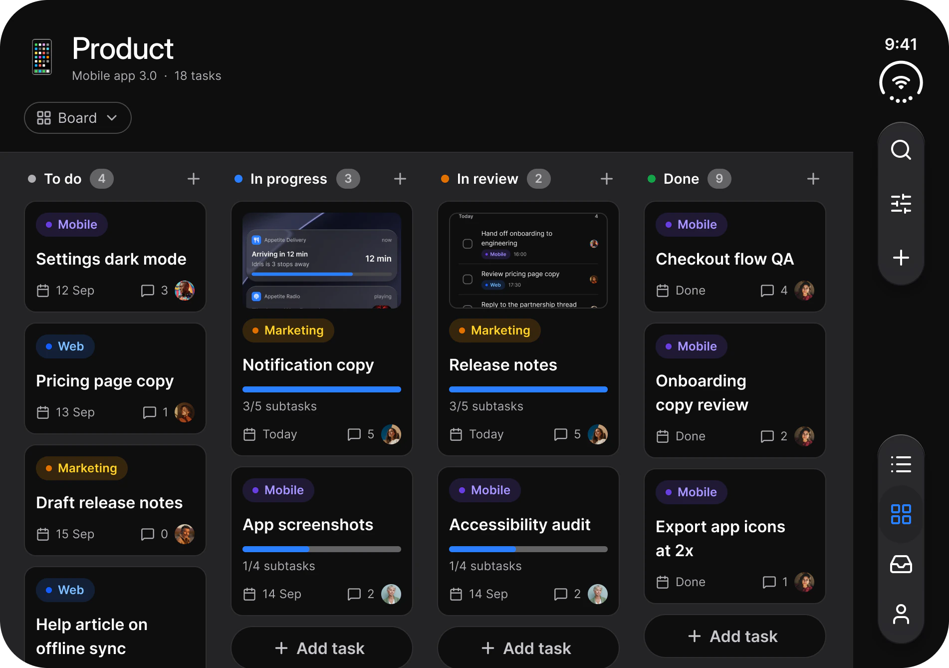Dark theme. Tasks on the inner display: the Product project board with four columns, To do, In progress, In review and Done, each holding task cards, and a rail with search, filter and add buttons above the tab bar.