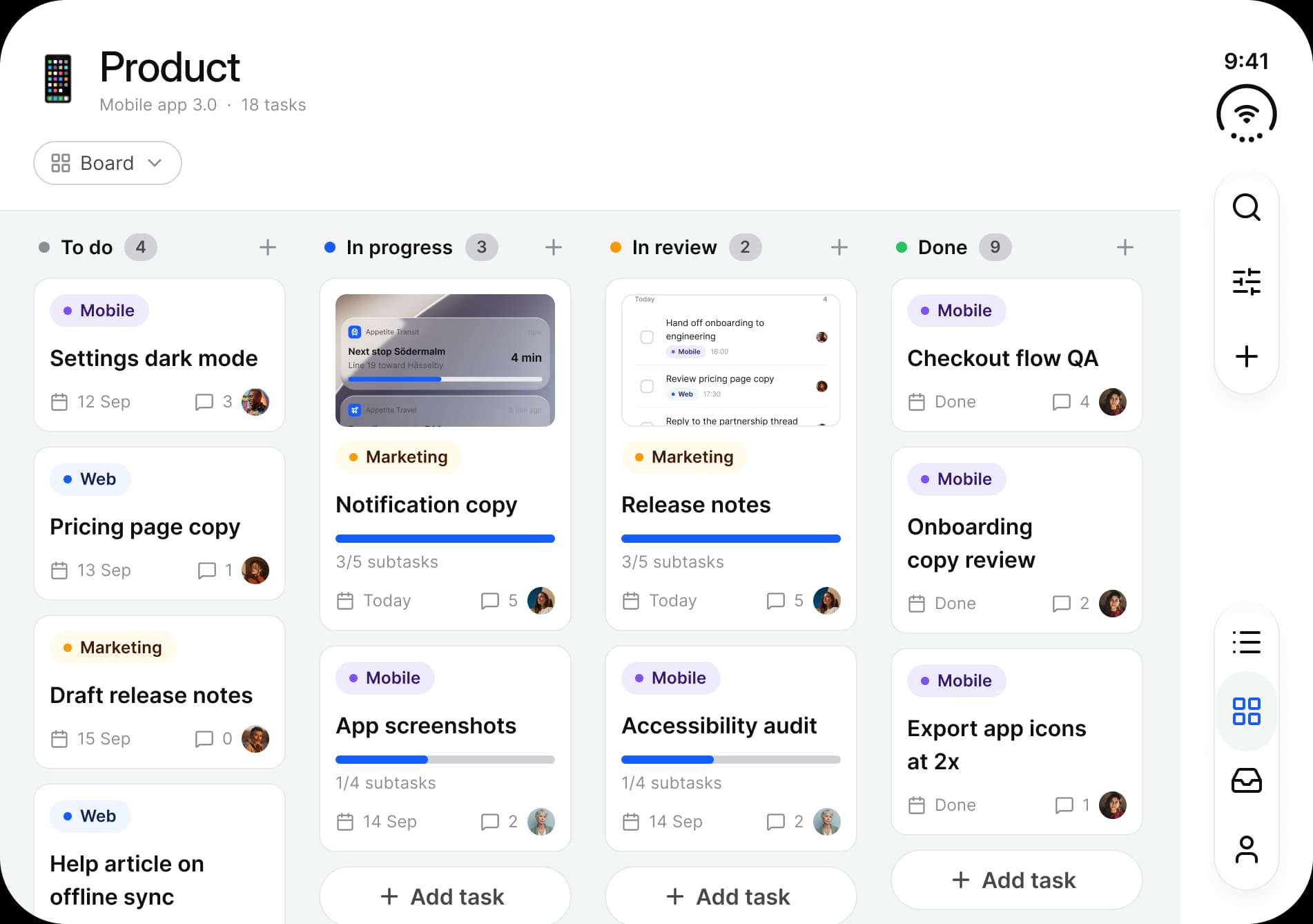 Tasks on the inner display: the Product project board with four columns, To do, In progress, In review and Done, each holding task cards, and a rail with search, filter and add buttons above the tab bar.