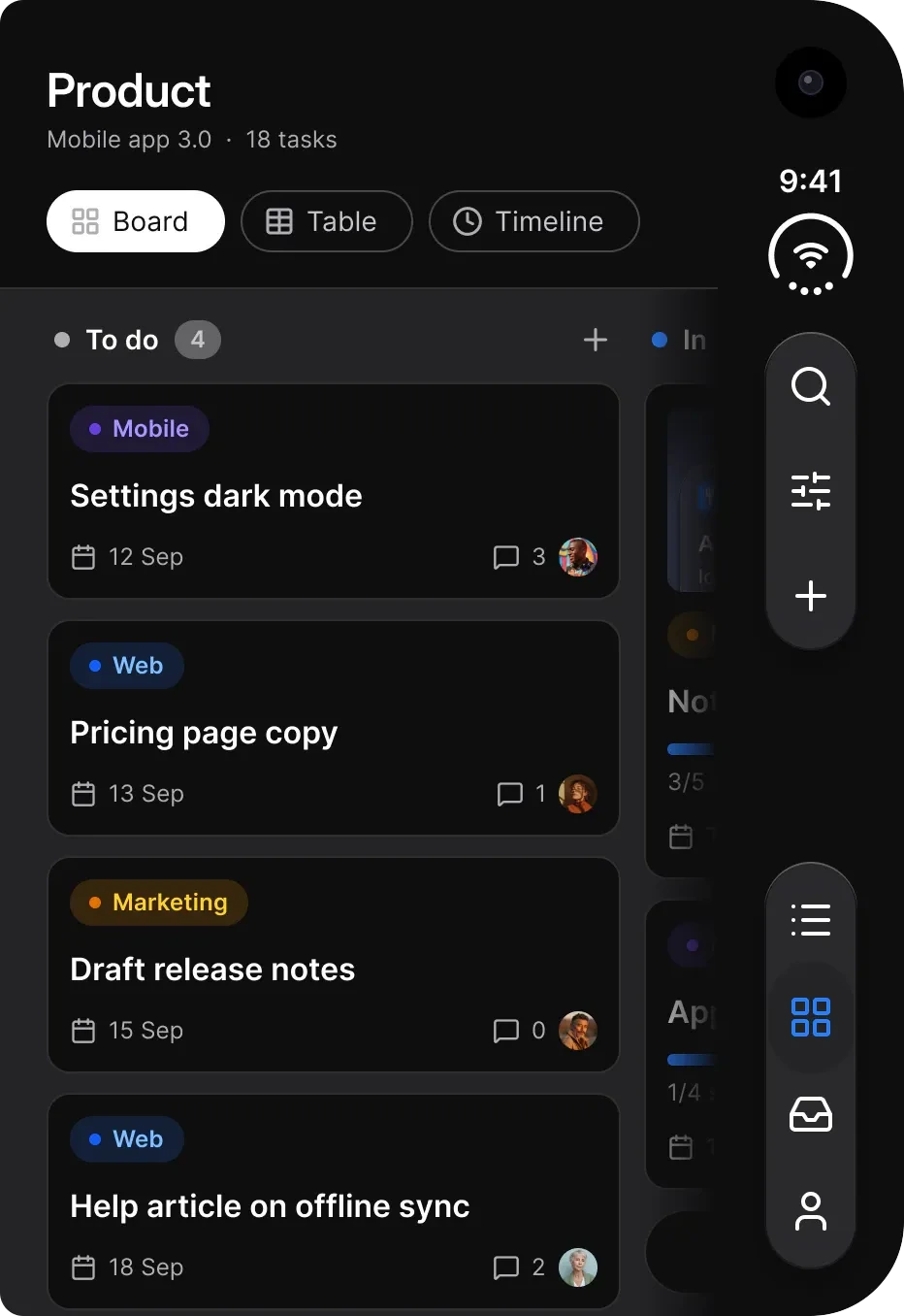 Dark theme. Tasks on the outer display: the Product project with Board, Table and Timeline views and board columns of task cards with tags, due dates, comment counts and assignees, with search, filter and add buttons and a four icon tab bar on the rail.
