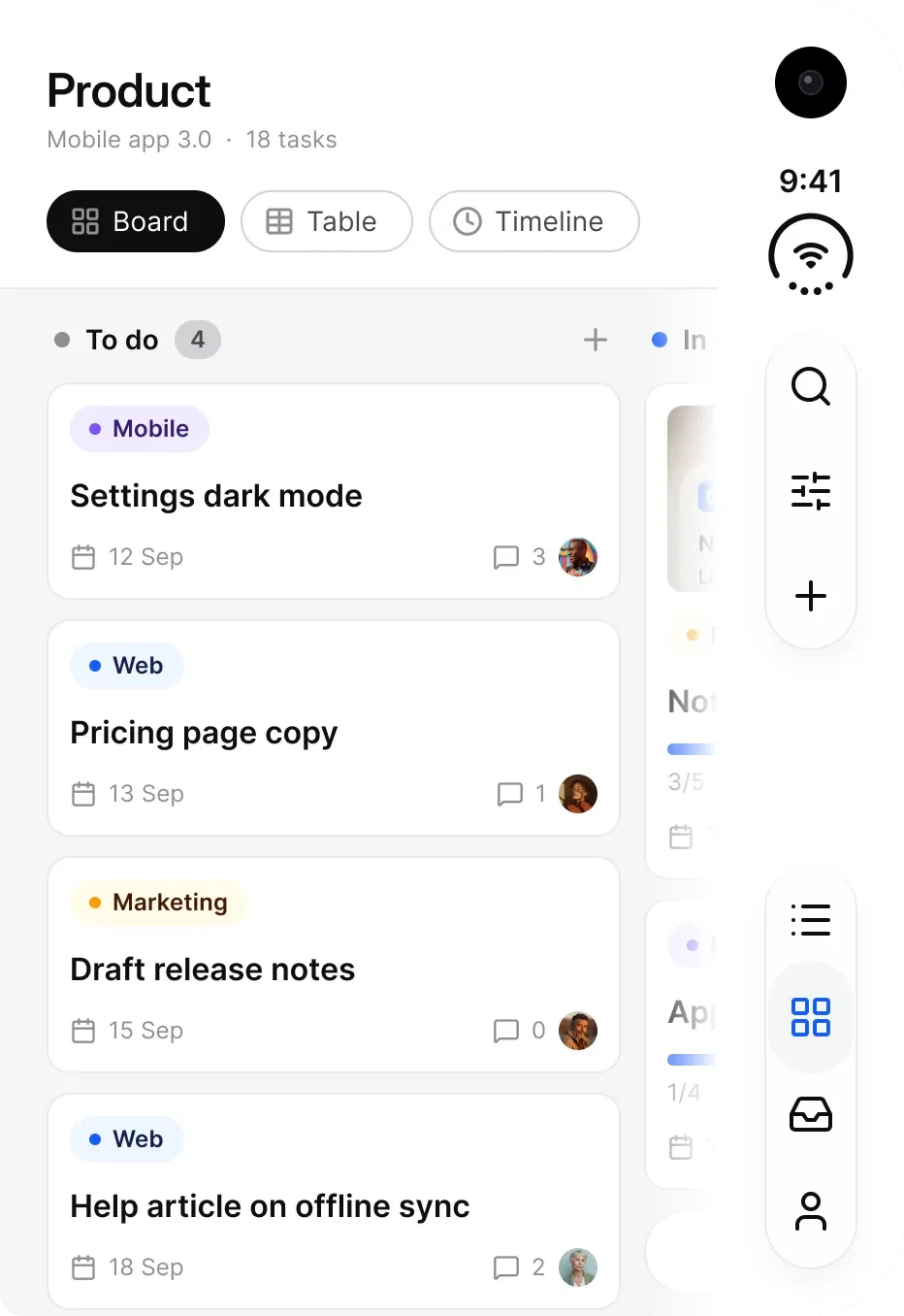 Tasks on the outer display: the Product project with Board, Table and Timeline views and board columns of task cards with tags, due dates, comment counts and assignees, with search, filter and add buttons and a four icon tab bar on the rail.