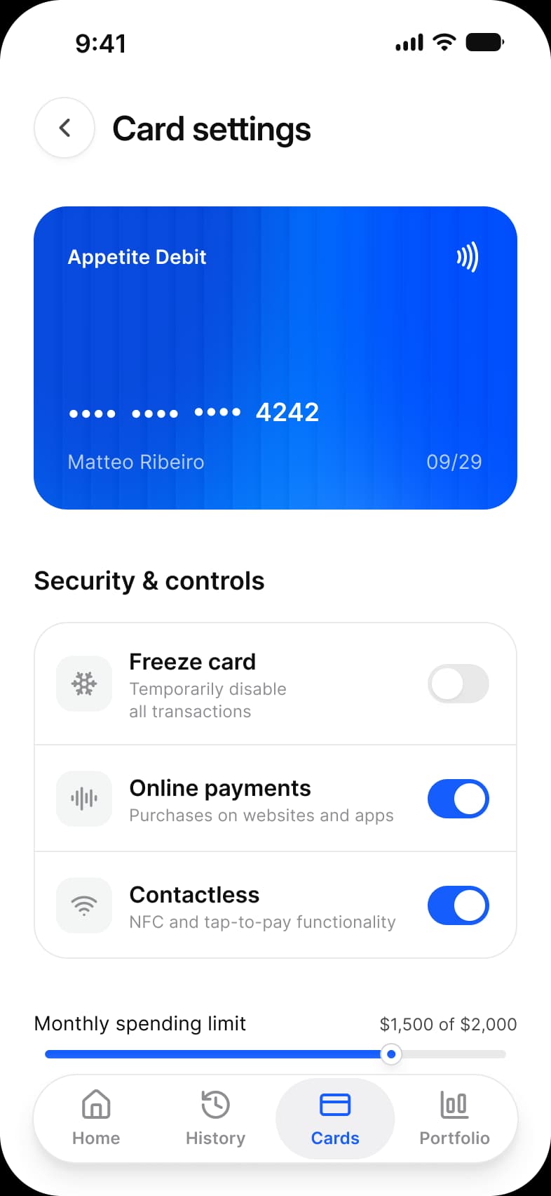 Finance app Card settings screen: an Appetite Debit card ending 4242, a Security and controls list with Freeze card, Online payments and Contactless switches, and a Monthly spending limit slider at $1,500 of $2,000