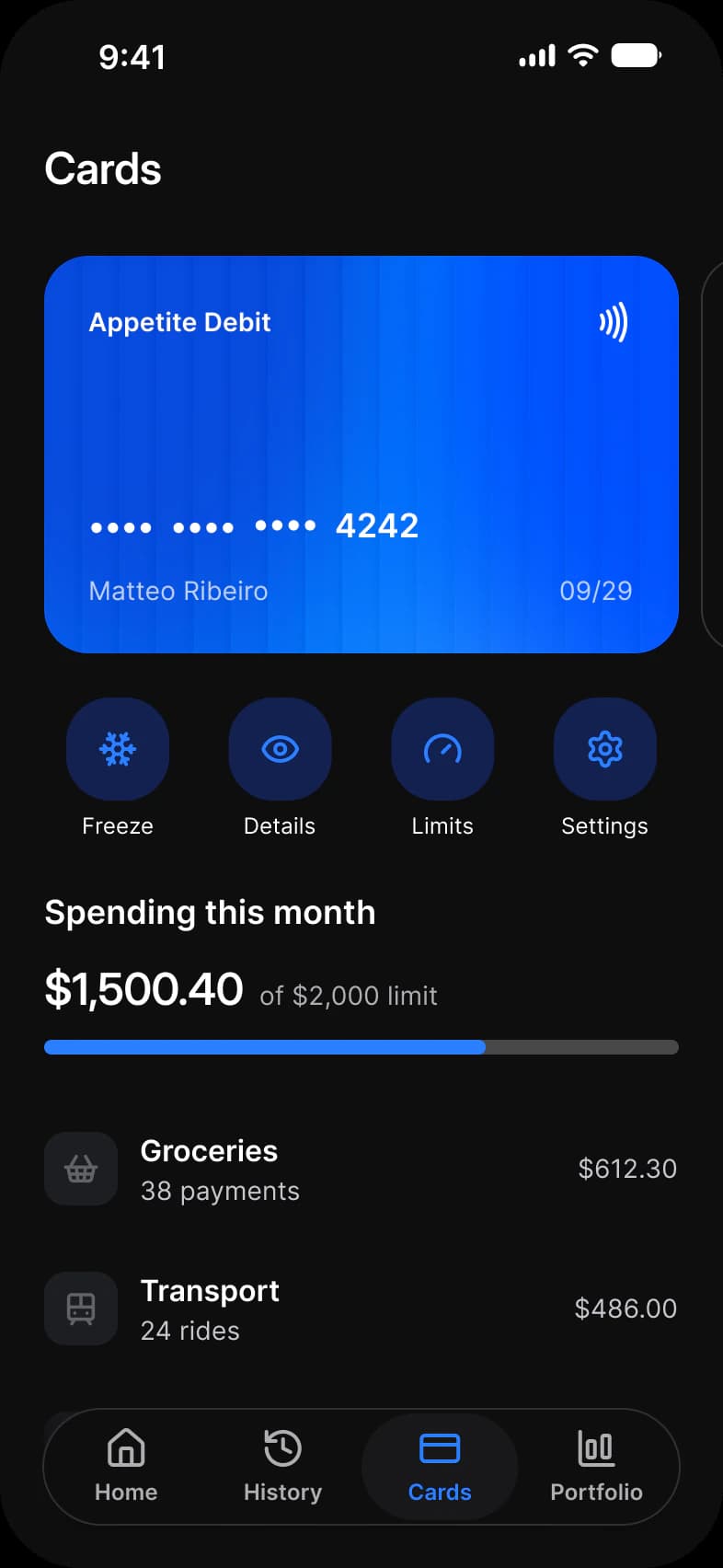 Finance app Cards screen in dark mode: an Appetite Debit card ending 4242 with the edge of a second card beside it, Freeze, Details, Limits and Settings actions, $1,500.40 spent of a $2,000 limit with a progress bar, and Groceries and Transport spending rows