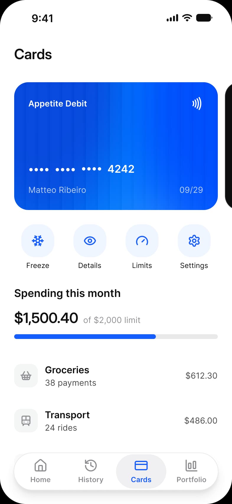 Finance app Cards screen: an Appetite Debit card ending 4242 with the edge of a second card beside it, Freeze, Details, Limits and Settings actions, $1,500.40 spent of a $2,000 limit with a progress bar, and Groceries and Transport spending rows