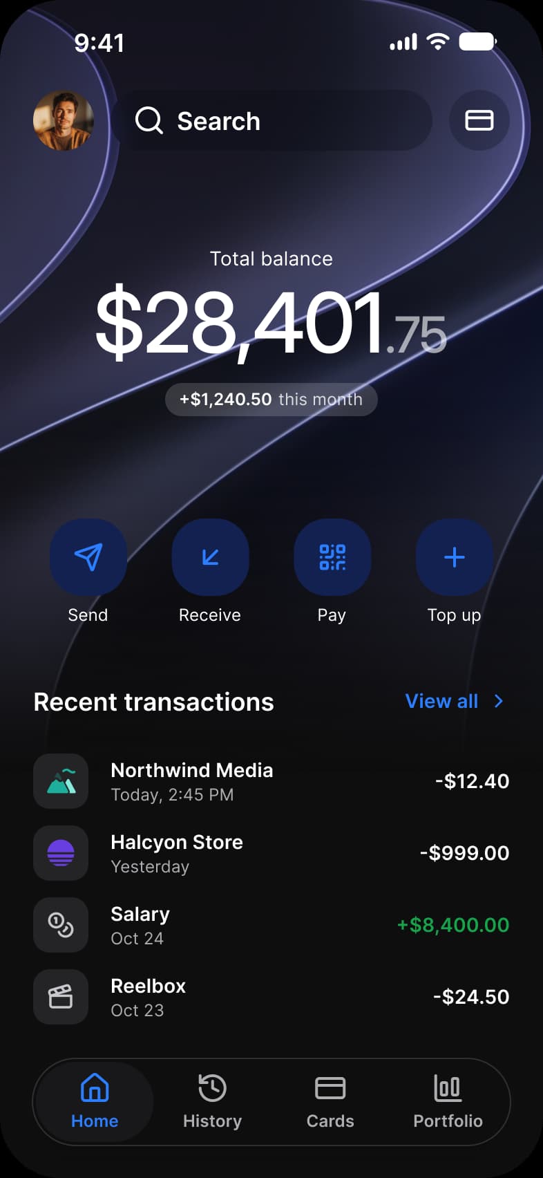 Finance app Dashboard screen in dark mode: a dark header with a search field, Total balance $28,401.75, a plus $1,240.50 this month badge, Send, Receive, Pay and Top up buttons, and a Recent transactions list with Northwind Media, Halcyon Store, Salary and Reelbox rows above a tab bar