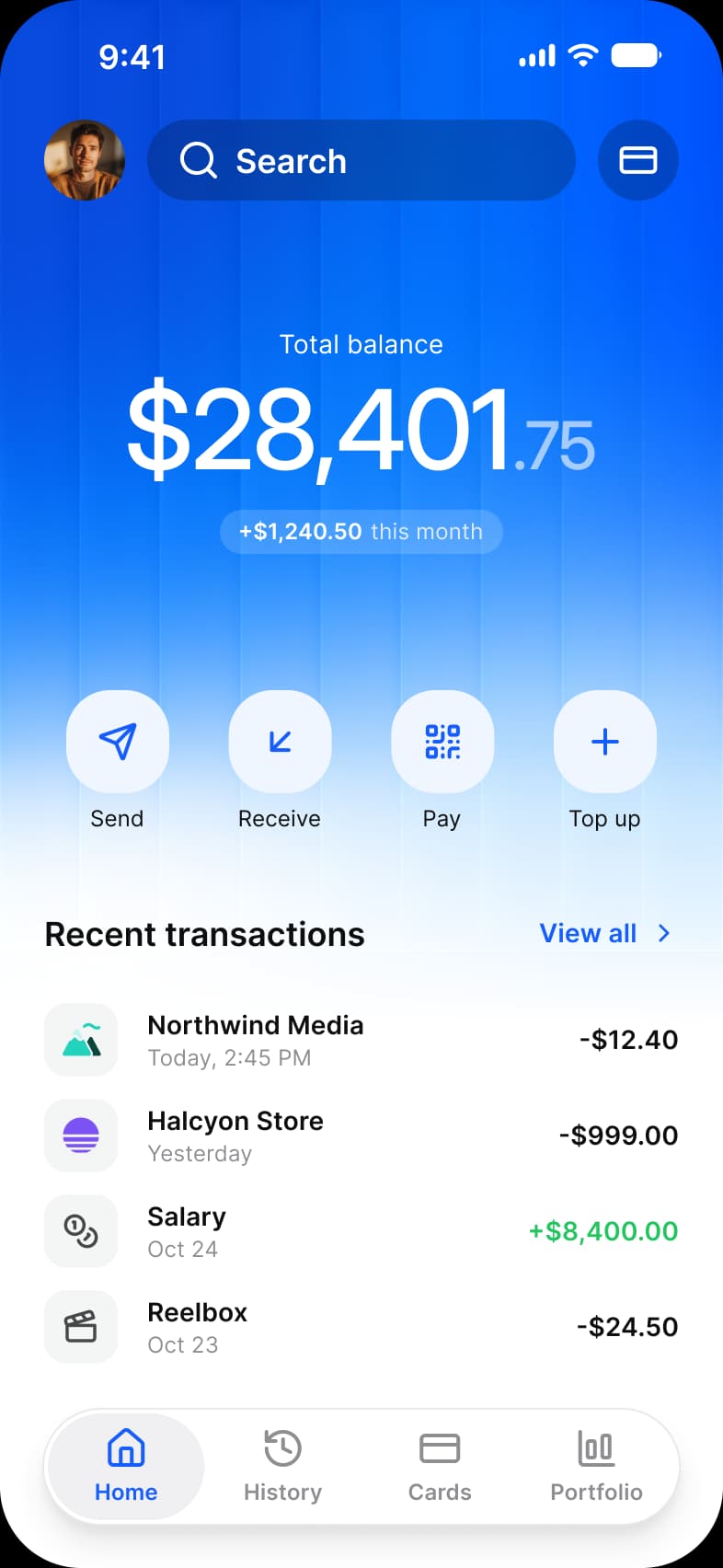 Finance app Dashboard screen: a blue header with a search field, Total balance $28,401.75, a plus $1,240.50 this month badge, Send, Receive, Pay and Top up buttons, and a Recent transactions list with Northwind Media, Halcyon Store, Salary and Reelbox rows above a tab bar