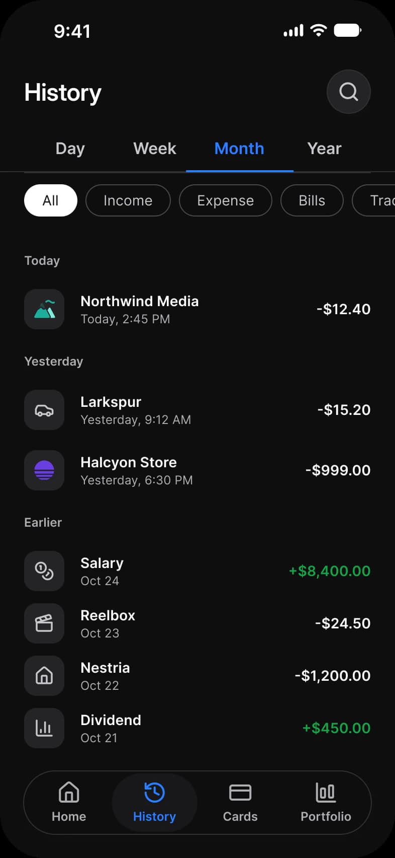 Finance app History screen in dark mode: Day, Week, Month and Year tabs with Month selected, All, Income, Expense, Bills and Trading chips, and transactions grouped under Today, Yesterday and Earlier with the amount on the right of each row
