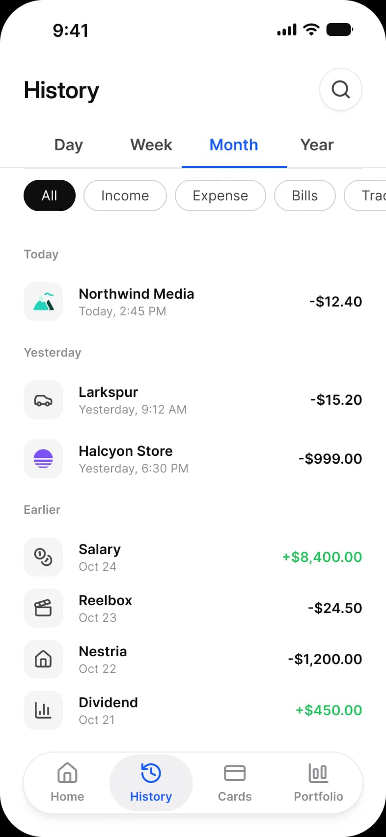 Finance app History screen: Day, Week, Month and Year tabs with Month selected, All, Income, Expense, Bills and Trading chips, and transactions grouped under Today, Yesterday and Earlier with the amount on the right of each row