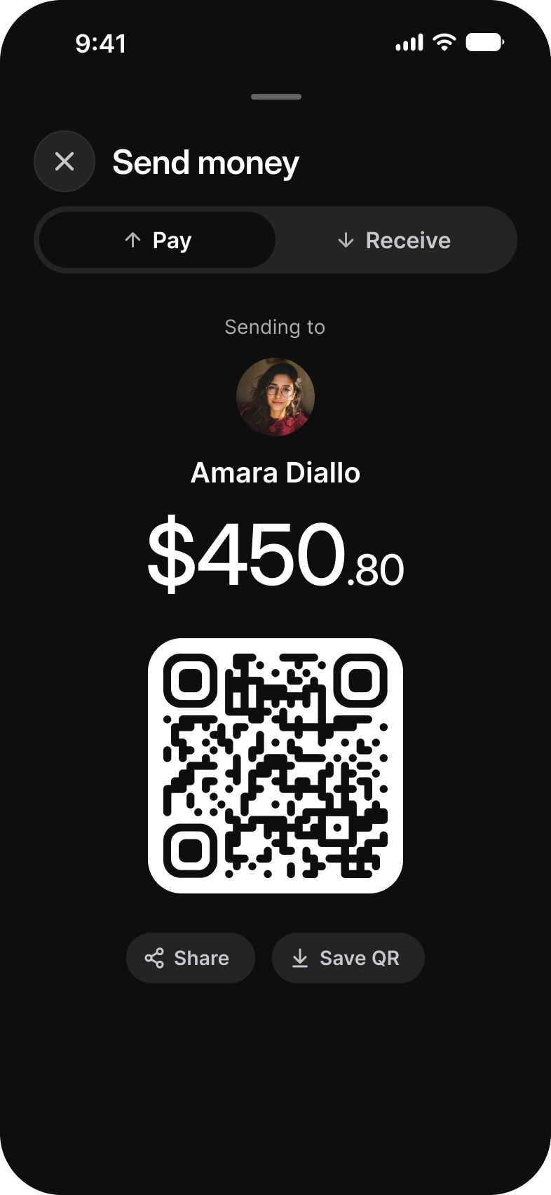 Finance app Pay sheet in dark mode: Send money to Amara Diallo with a Pay and Receive switch, an amount of $450.80, a QR code and Share and Save QR buttons