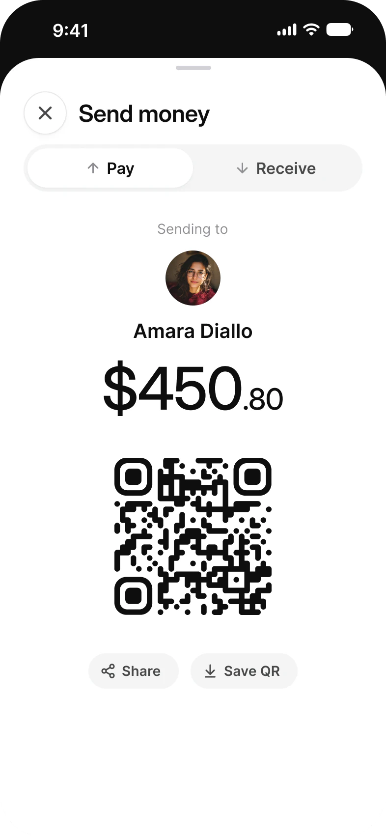 Finance app Pay sheet: Send money to Amara Diallo with a Pay and Receive switch, an amount of $450.80, a QR code and Share and Save QR buttons