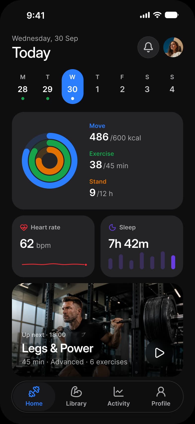 Fitness app Dashboard screen in dark mode: Today with a week strip and Wednesday 30 selected, Move 486 of 600 kcal, Exercise 38 of 45 min and Stand 9 of 12 h beside three activity rings, Heart rate 62 bpm and Sleep 7h 42m cards, and an Up next Legs and Power workout card on a photo above the tab bar