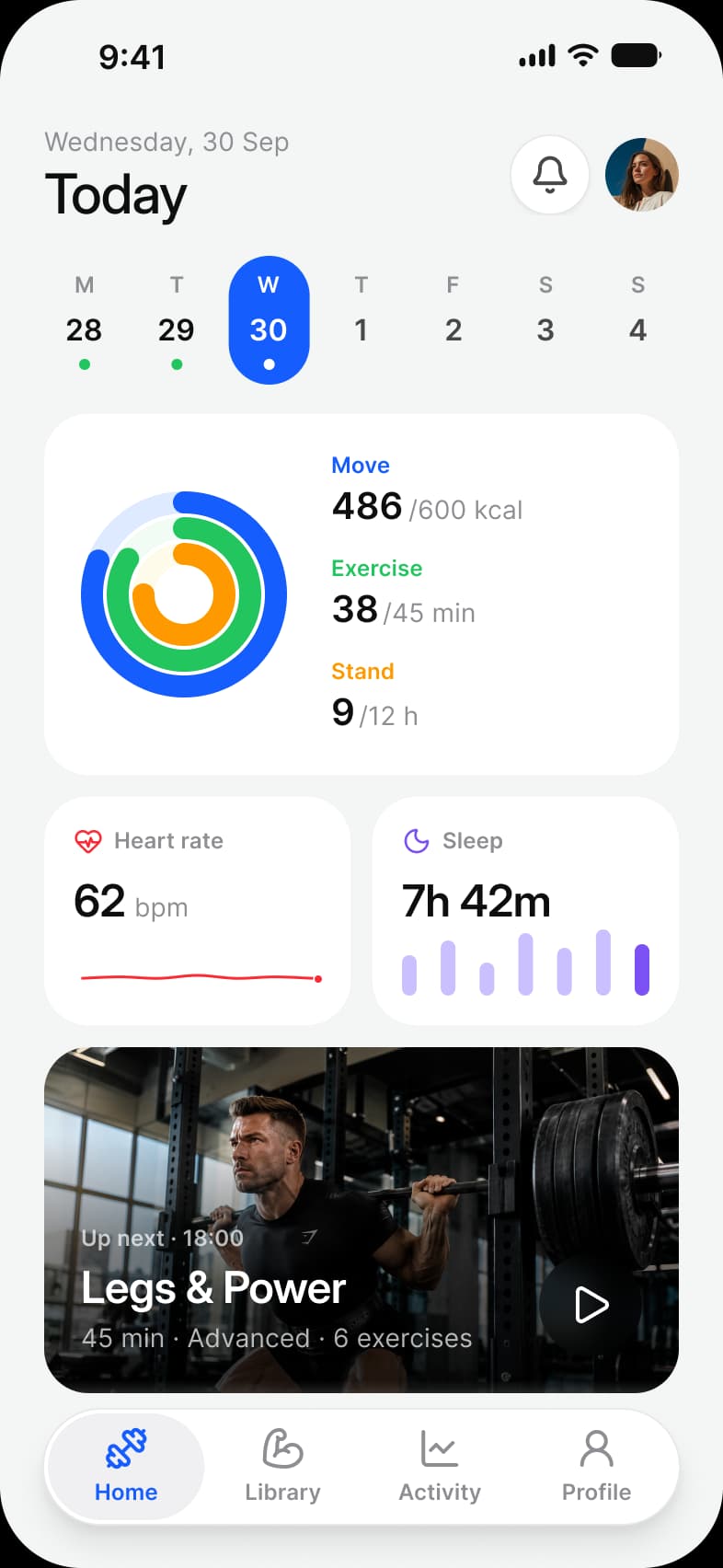 Fitness app Dashboard screen: Today with a week strip and Wednesday 30 selected, Move 486 of 600 kcal, Exercise 38 of 45 min and Stand 9 of 12 h beside three activity rings, Heart rate 62 bpm and Sleep 7h 42m cards, and an Up next Legs and Power workout card on a photo above the tab bar