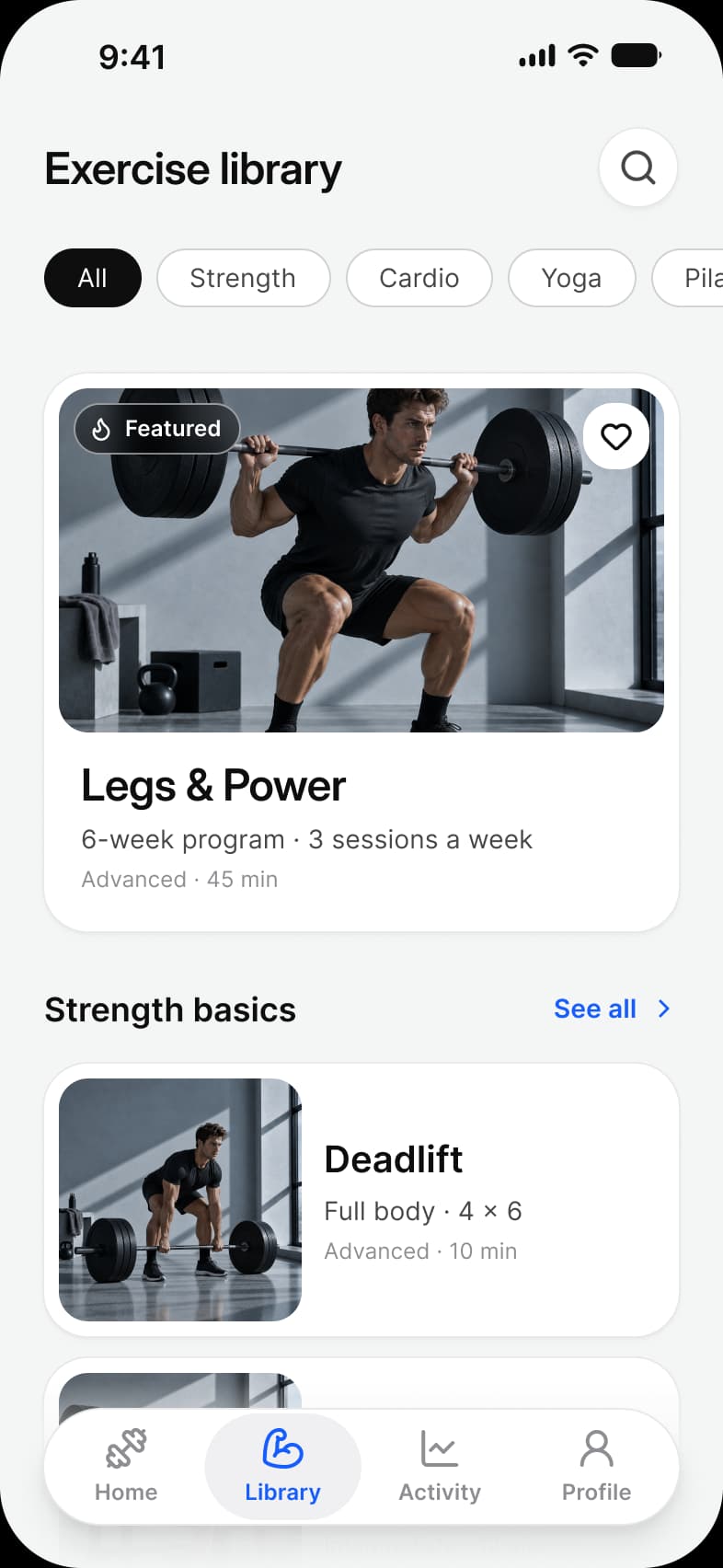 Fitness app Exercise library screen: All, Strength, Cardio and Yoga chips, a Featured Legs and Power program card with a photo, a heart button and 6-week program details, and a Strength basics list that starts with Deadlift