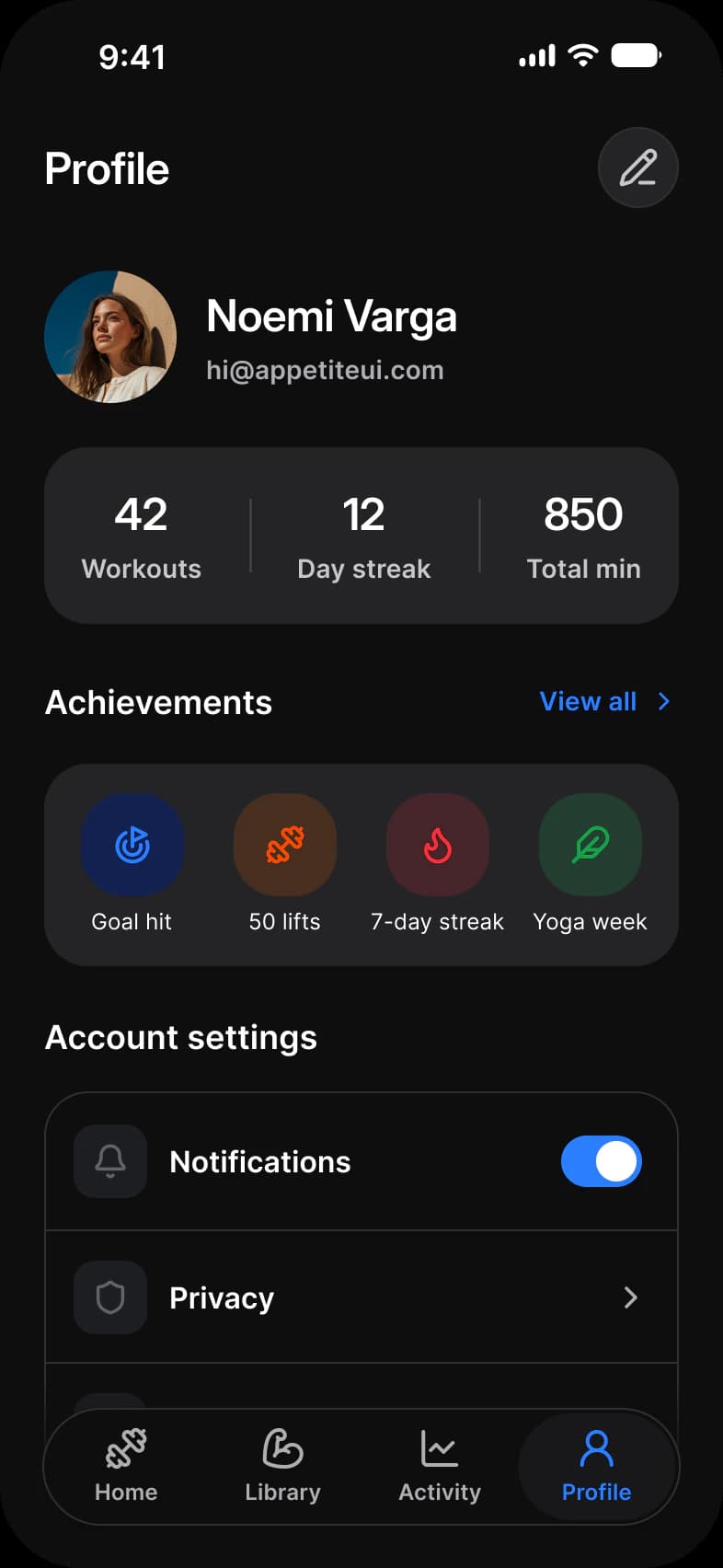 Fitness app Profile screen in dark mode: Noemi Varga with 42 workouts, a 12 day streak and 850 total minutes, an Achievements card with Goal hit, 50 lifts, 7-day streak and Yoga week, and an Account settings list with Notifications and Privacy rows
