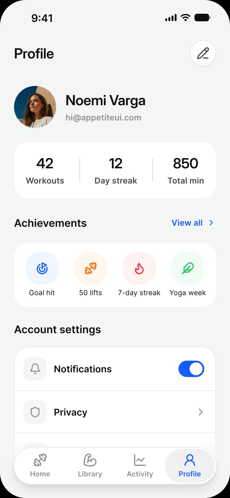 Fitness app Profile screen: Noemi Varga with 42 workouts, a 12 day streak and 850 total minutes, an Achievements card with Goal hit, 50 lifts, 7-day streak and Yoga week, and an Account settings list with Notifications and Privacy rows