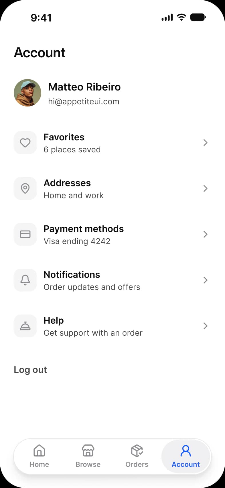 Foodie app Account screen: Matteo Ribeiro with his photo, rows for Favorites, Addresses, Payment methods, Notifications and Help, and a Log out button above a floating tab bar