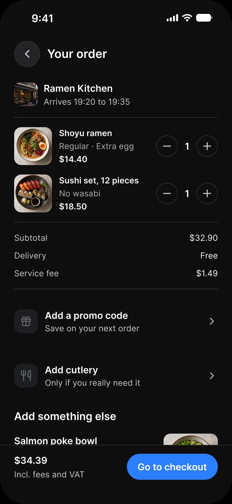 Foodie app Cart screen in dark mode: Your order from Ramen Kitchen arriving 19:20 to 19:35, Shoyu ramen and Sushi set items with quantity steppers, a subtotal of $32.90 and a service fee of $1.49, Add a promo code and Add cutlery rows, and a Go to checkout bar with $34.39