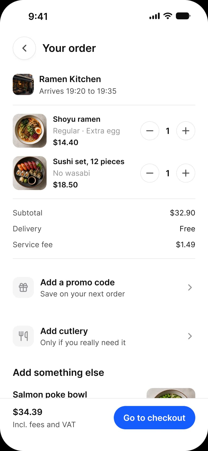 Foodie app Cart screen: Your order from Ramen Kitchen arriving 19:20 to 19:35, Shoyu ramen and Sushi set items with quantity steppers, a subtotal of $32.90 and a service fee of $1.49, Add a promo code and Add cutlery rows, and a Go to checkout bar with $34.39