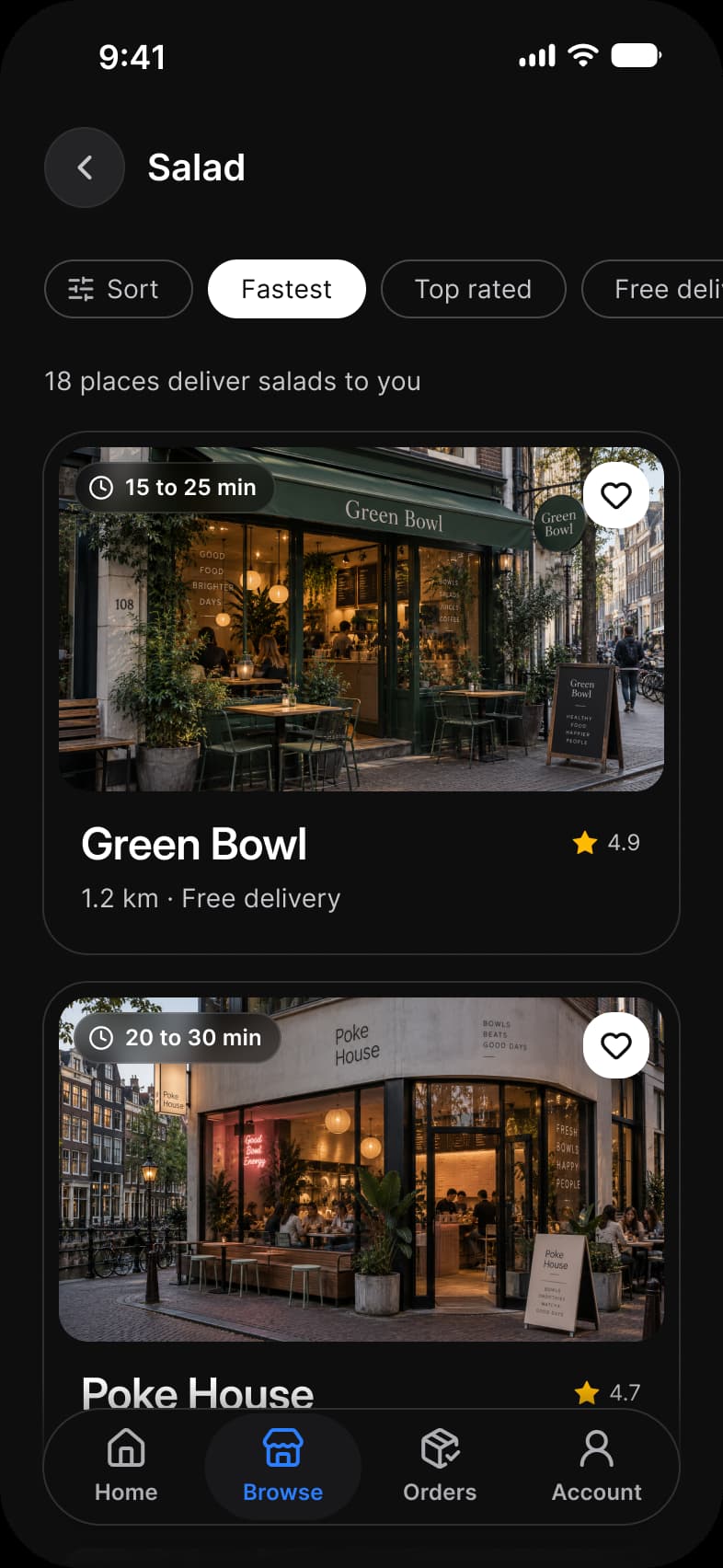 Foodie app Category screen in dark mode: Salad with Sort, Fastest, Top rated and Free delivery chips, the line 18 places deliver salads to you, and restaurant cards for Green Bowl with a 15 to 25 min label on the photo, a favorite heart, a 4.9 rating and 1.2 km Free delivery