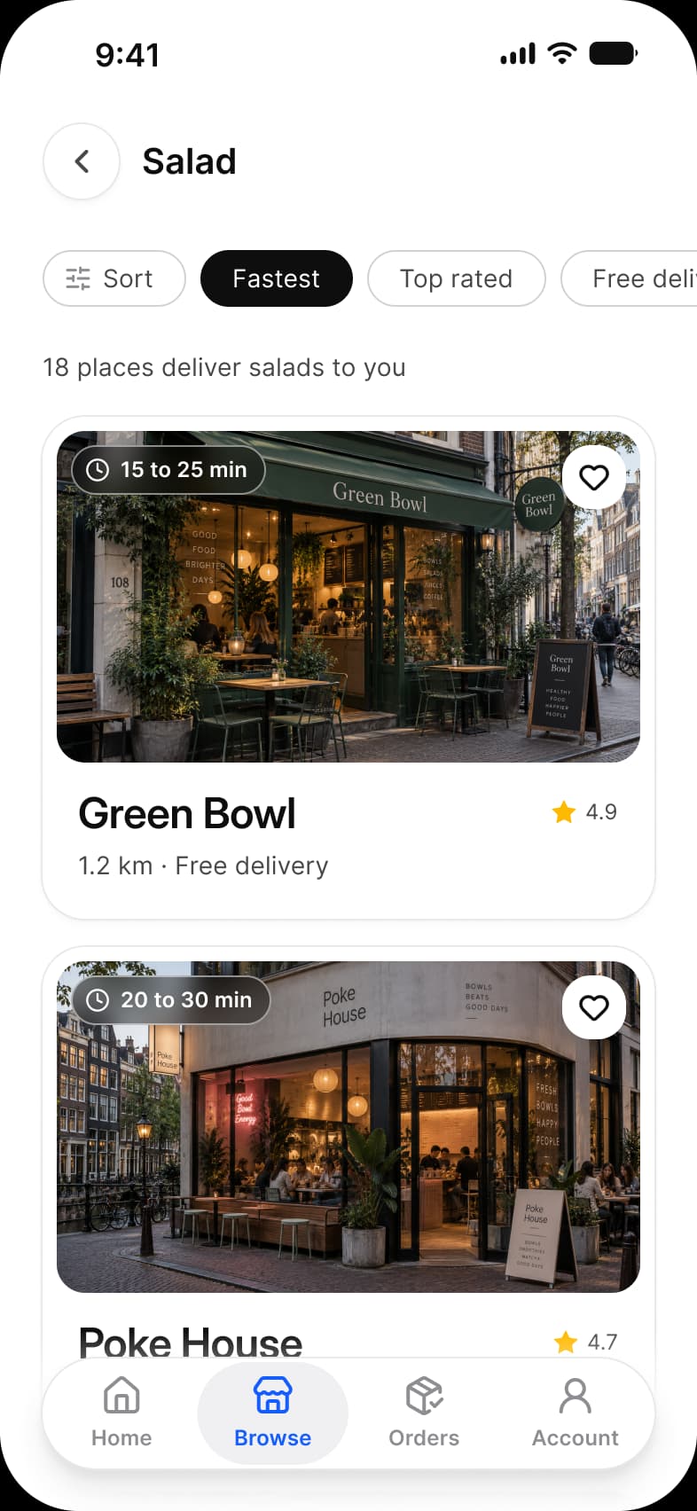 Foodie app Category screen: Salad with Sort, Fastest, Top rated and Free delivery chips, the line 18 places deliver salads to you, and restaurant cards for Green Bowl with a 15 to 25 min label on the photo, a favorite heart, a 4.9 rating and 1.2 km Free delivery