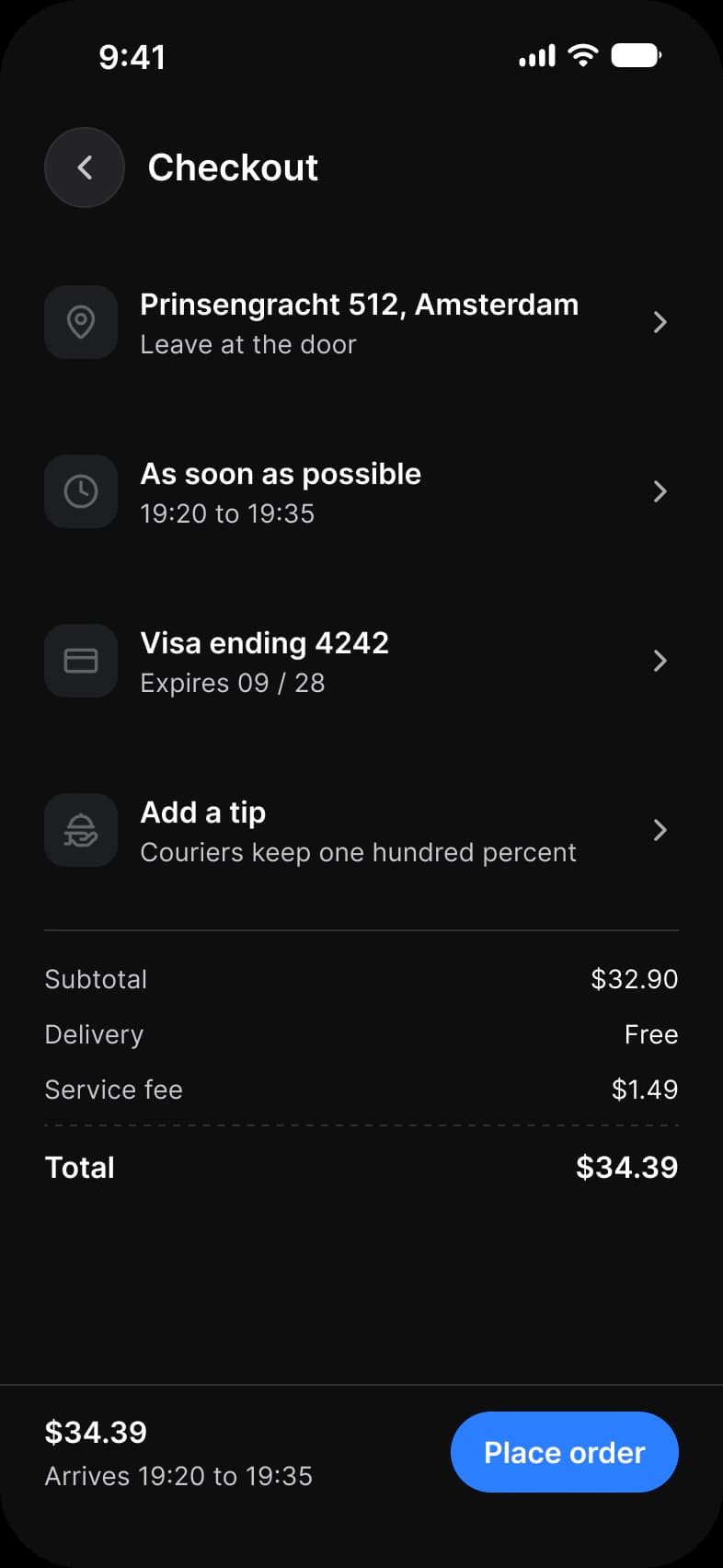 Foodie app Checkout screen in dark mode: rows for the address Prinsengracht 512, Amsterdam, As soon as possible 19:20 to 19:35, Visa ending 4242 and Add a tip, a price breakdown that totals $34.39, and a Place order bar