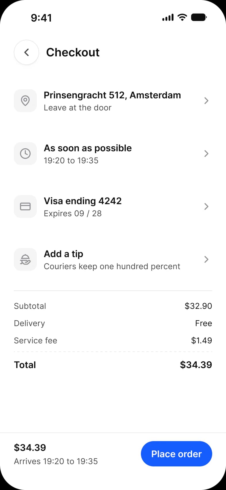 Foodie app Checkout screen: rows for the address Prinsengracht 512, Amsterdam, As soon as possible 19:20 to 19:35, Visa ending 4242 and Add a tip, a price breakdown that totals $34.39, and a Place order bar