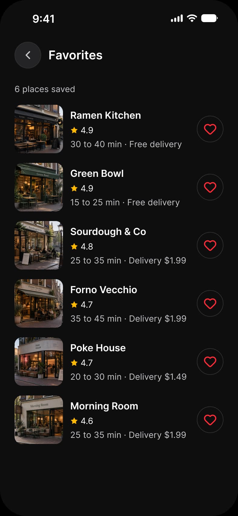 Foodie app Favorites screen in dark mode: 6 places saved as rows with a restaurant photo, name, rating, delivery time and a red heart button