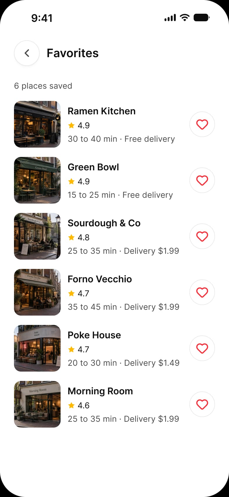 Foodie app Favorites screen: 6 places saved as rows with a restaurant photo, name, rating, delivery time and a red heart button
