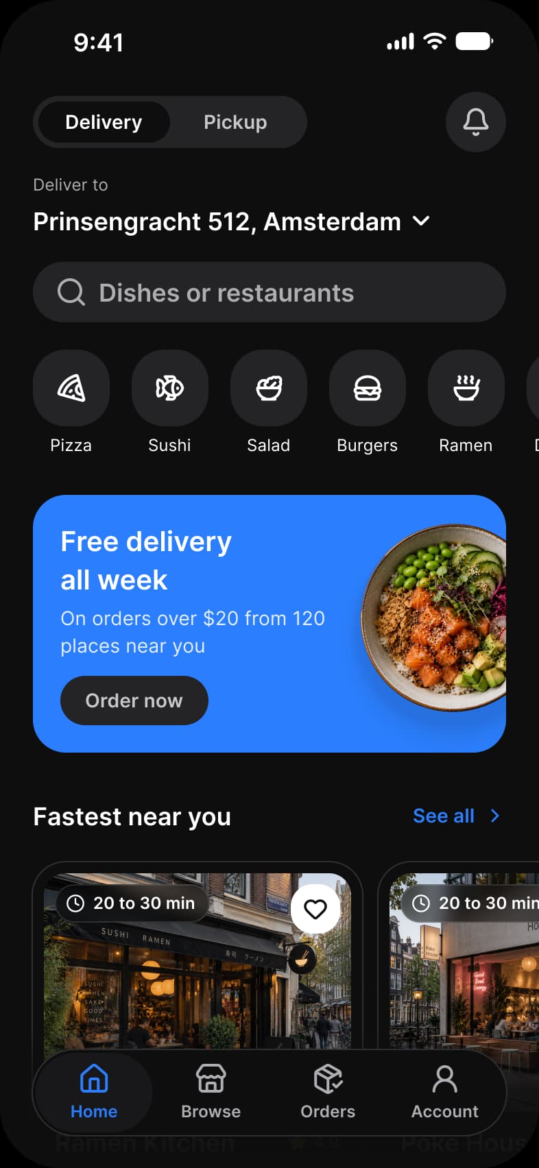 Foodie app Home screen in dark mode: a Delivery and Pickup switch with a notification button, the address Prinsengracht 512, Amsterdam, a Dishes or restaurants search field, a row of cuisine buttons from Pizza to Ramen, a blue Free delivery all week promo card with an Order now button, and Fastest near you restaurant cards with delivery times above a floating tab bar