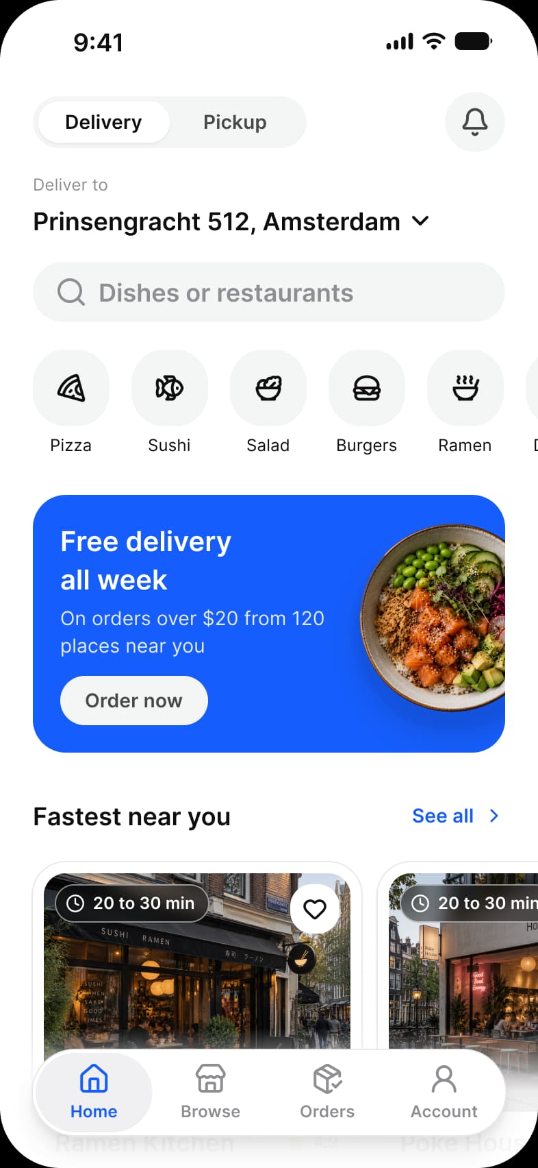 Foodie app Home screen: a Delivery and Pickup switch with a notification button, the address Prinsengracht 512, Amsterdam, a Dishes or restaurants search field, a row of cuisine buttons from Pizza to Ramen, a blue Free delivery all week promo card with an Order now button, and Fastest near you restaurant cards with delivery times above a floating tab bar