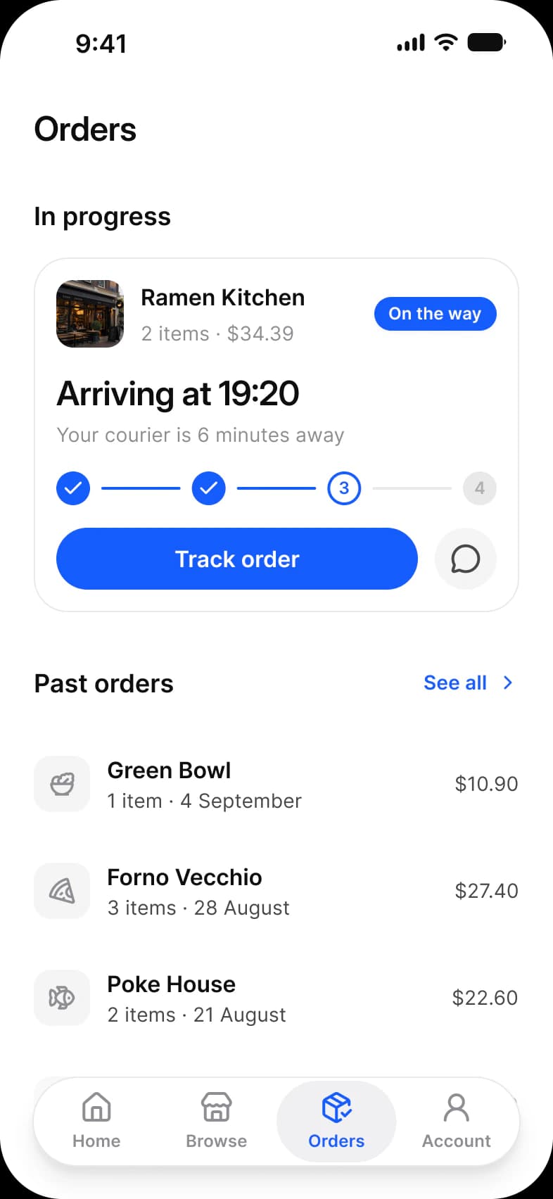 Foodie app Orders screen: an In progress card for Ramen Kitchen with an On the way label, Arriving at 19:20, a four step progress line on step 3, a Track order button, and Past orders for Green Bowl, Forno Vecchio and Poke House above a floating tab bar