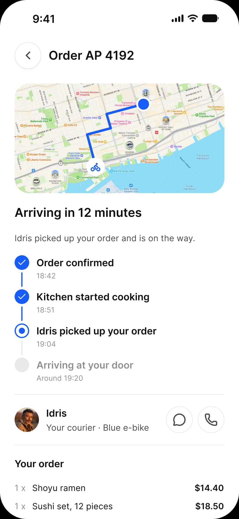 Foodie app Tracking screen: Order AP 4192 with a map and a route, Arriving in 12 minutes, a four step timeline that stops at Idris picked up your order, courier Idris with chat and call buttons, and the order lines Shoyu ramen and Sushi set