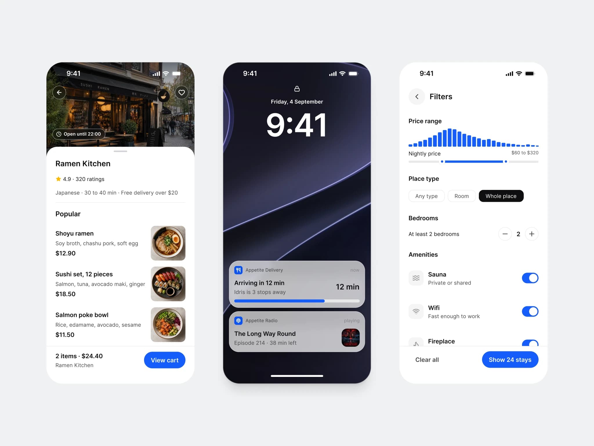 Restaurant detail screen, a lock screen carrying delivery and radio live activities, and a booking filters screen