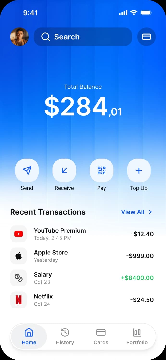 An iOS wallet screen with total balance, quick actions and recent transactions on the brand accent