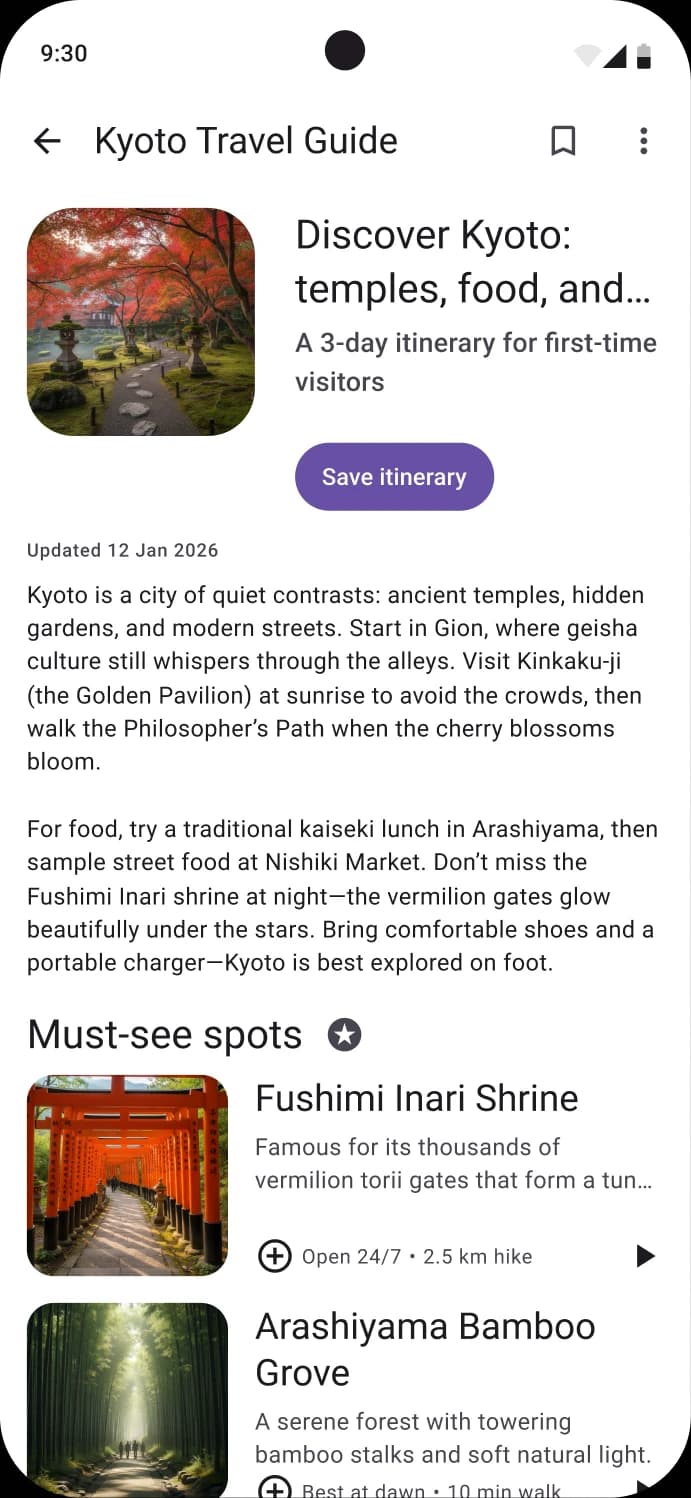 A Material 3 article screen: a Kyoto travel guide with a Save itinerary button and must-see spots with photos
