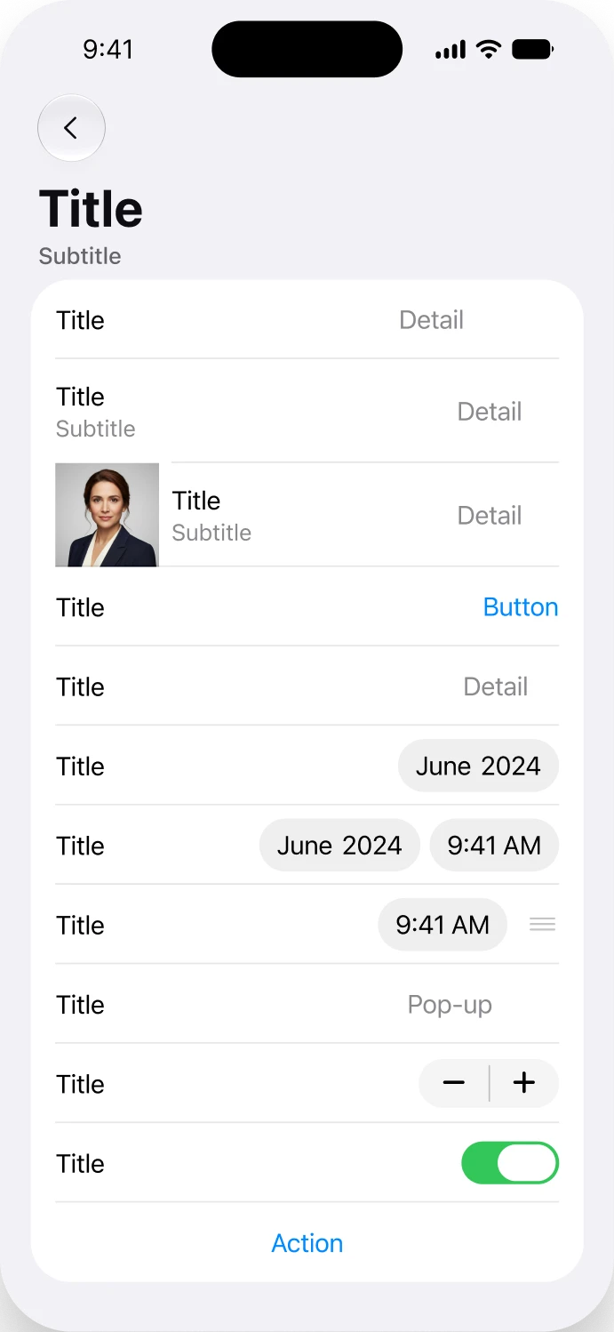 An iOS list screen with detail rows, an avatar, a stepper, a switch and a date value