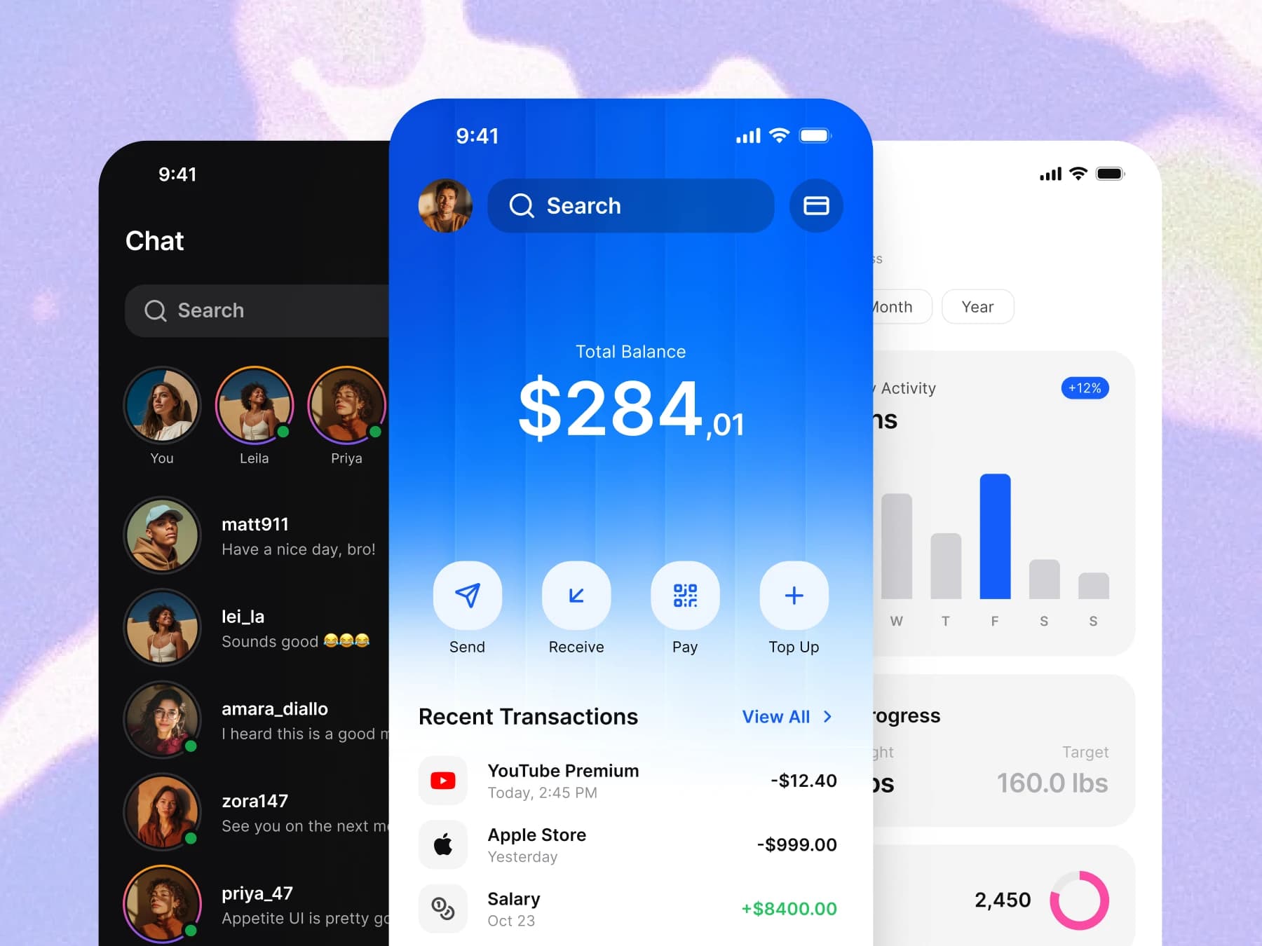 Three app screens: a dark chat list, a wallet with the total balance and recent transactions, and a weekly activity chart
