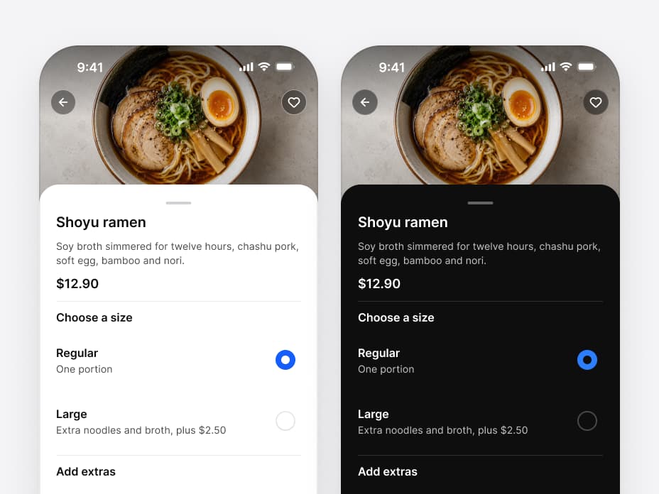 The same Shoyu ramen screen in light and in dark mode side by side: the dish photo, its description and $12.90 price, and a size choice with Regular selected, every row and label in the same place