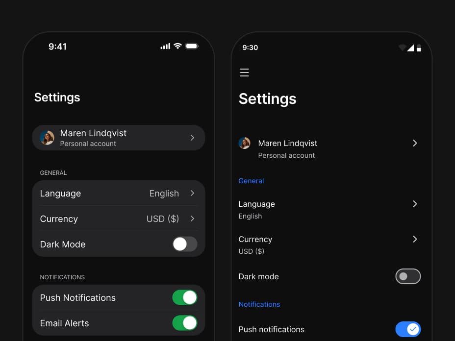 One Settings screen drawn for each platform: on iOS, grouped rows for Language, Currency and a Dark Mode toggle with green notification switches; on Android, Material rows with blue section labels and a switch with a check in its handle