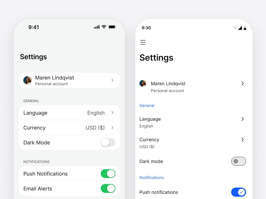 One Settings screen drawn for each platform: on iOS, grouped rows for Language, Currency and a Dark Mode toggle with green notification switches; on Android, Material rows with blue section labels and a switch with a check in its handle