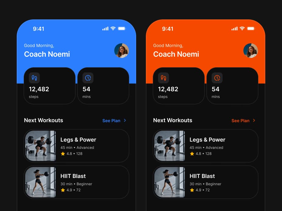 The same fitness home screen twice, Good Morning, Coach Noemi with 12,482 steps, 54 mins and the next workouts Legs & Power and HIIT Blast: once in the brand blue, once in orange, every header, icon and link following the one brand color