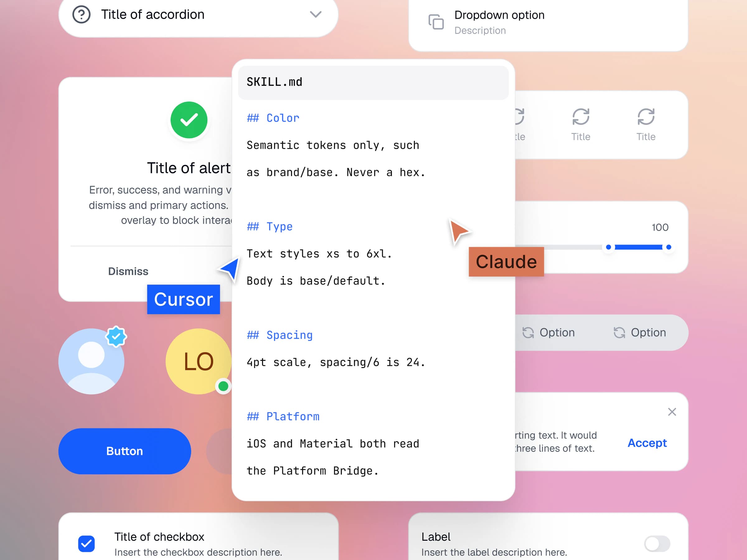 The Core Skill's SKILL.md rules for color, type, spacing and platform laid over Appetite UI components, with Claude and Cursor pointers