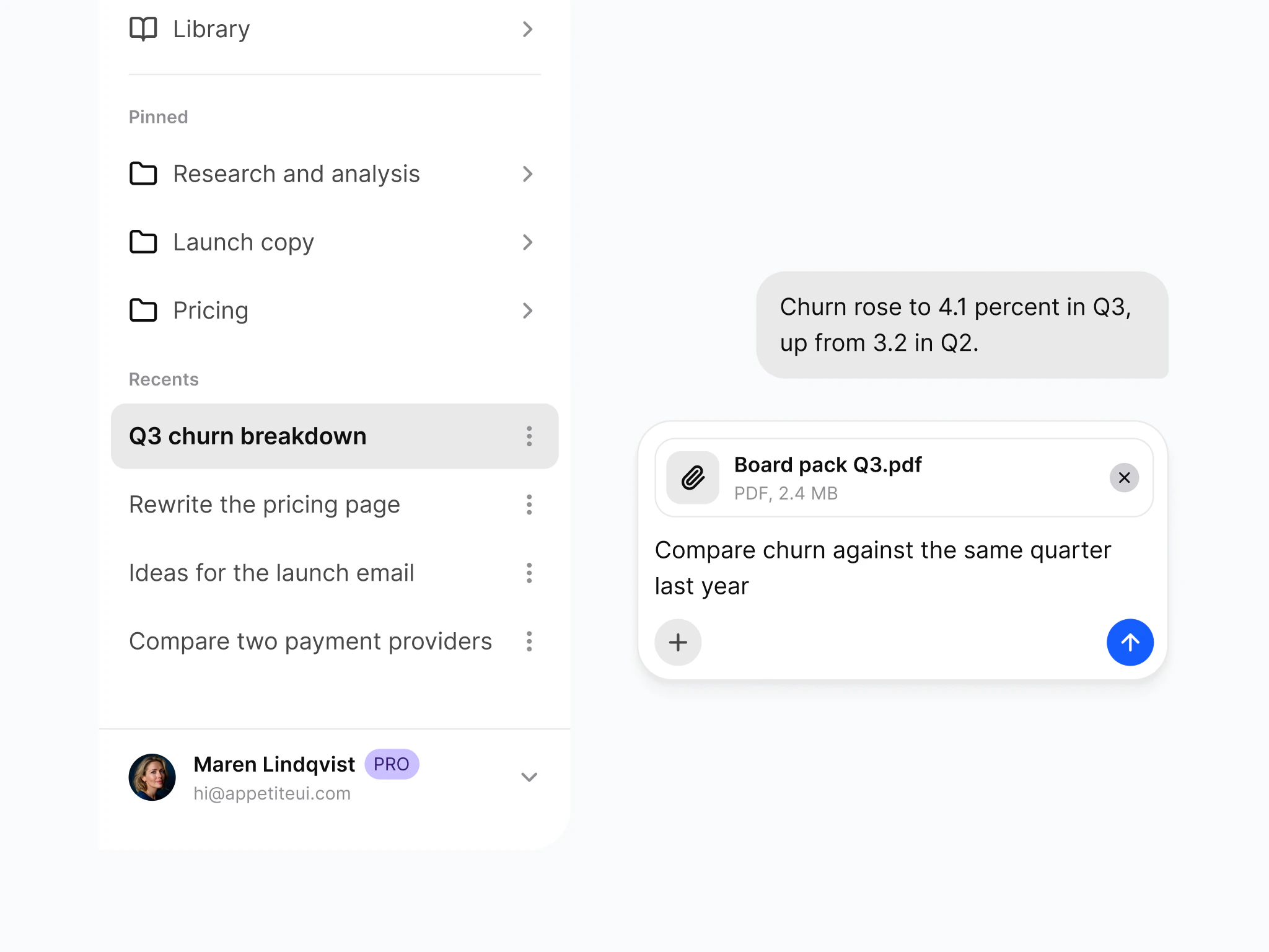 Appetite UI's AI components: a navigation drawer with Library, pinned projects and recent chats, Q3 churn breakdown selected, a sent message about churn in Q3, and a prompt composer with an attached Board pack Q3.pdf, a plus button and a blue send button
