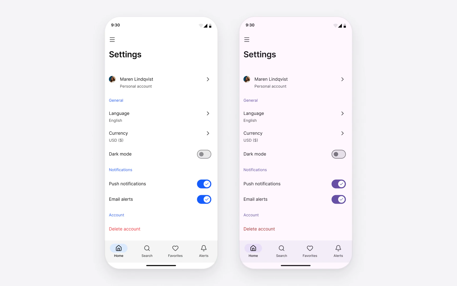 The same Material 3 Settings screen twice, Language, Currency, a Dark mode switch, notification switches and Delete account: once with the brand blue in its labels and switches, once with the untouched Material purple
