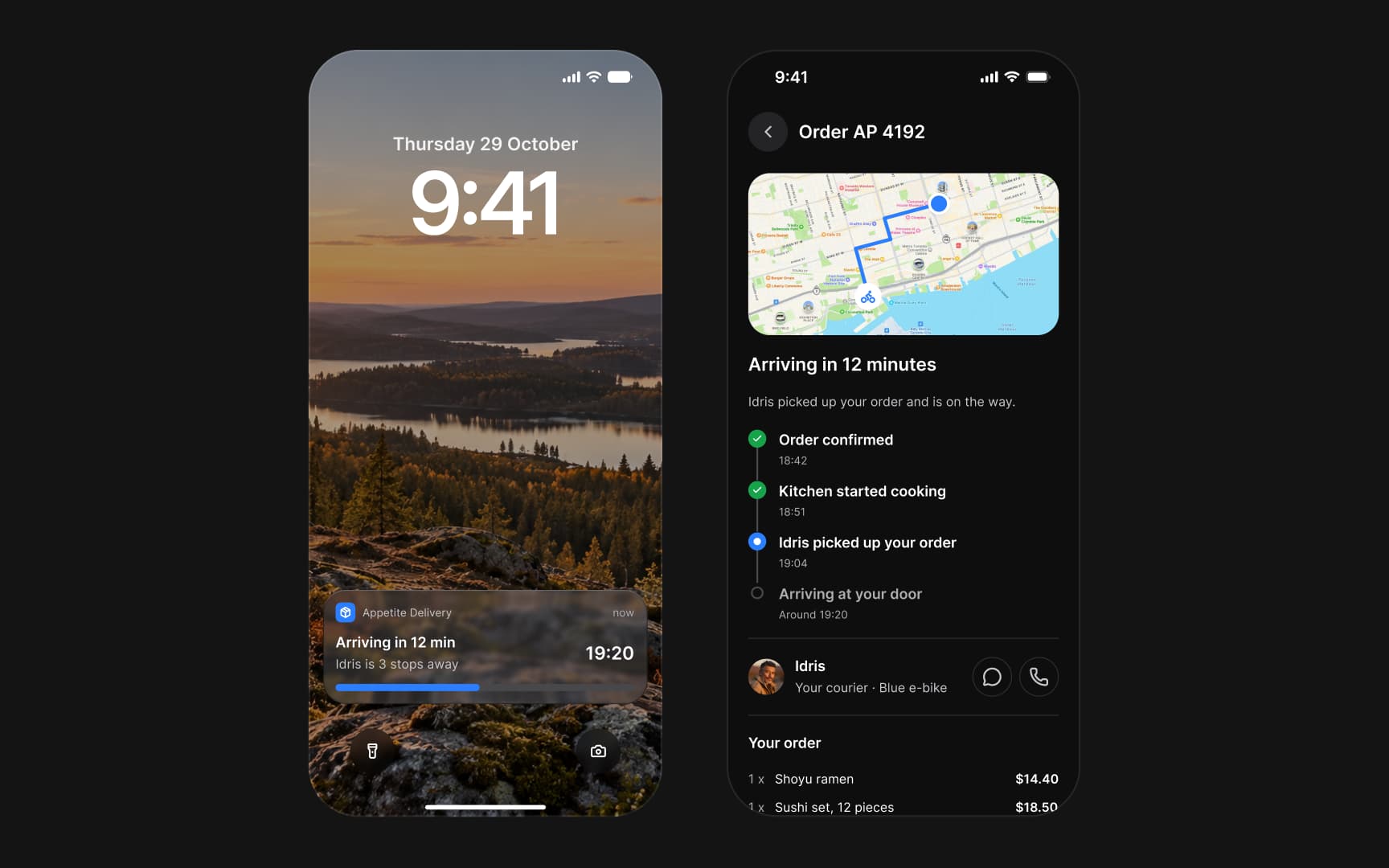 Two iPhone screens of a food order: a lock screen with a Live Activity from Appetite Delivery, arriving in 12 min at 19:20 with a progress bar, and the order AP 4192 with the courier's route on a map, its steps from Order confirmed to Arriving at your door, the courier Idris and the items